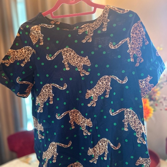 Maeve by Anthropologie Navy Green Polka Dot Leopard Print Short Sleeve Top S - Picture 9 of 12